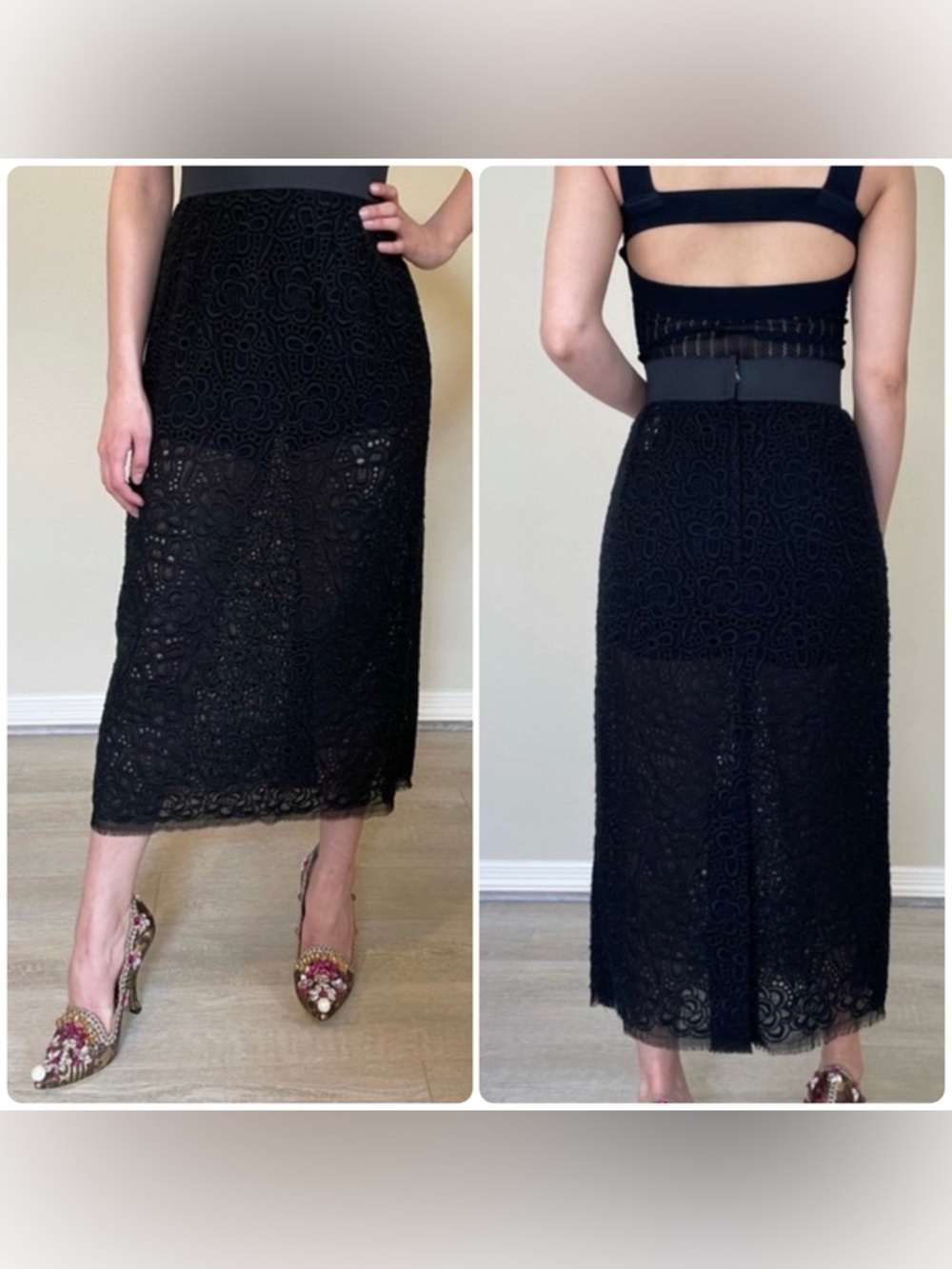 New! Dolce & Gabanna Black Sheer Lace Midi Skirt 🖤 🐆 size 3& or US XS - Picture 3 of 16